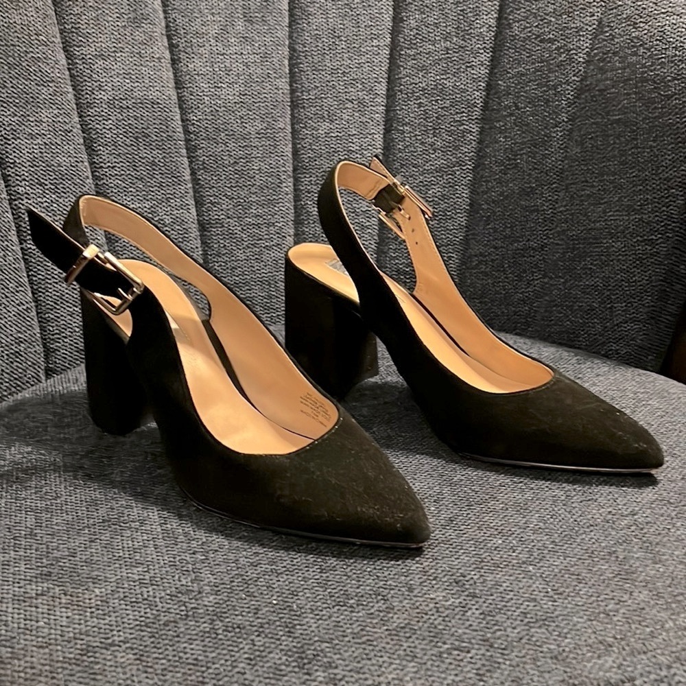 INC leather with black faux suede block heel.